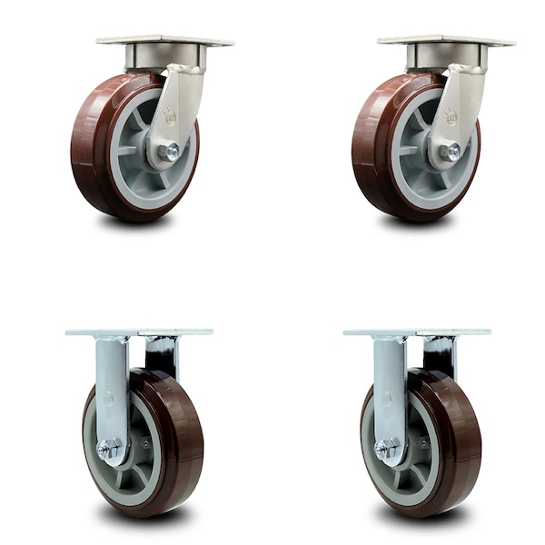 6 Inch Kingpinless Poly on Polyolefin Wheel Swivel Caster Swivel 2 Rigid, 2PK
